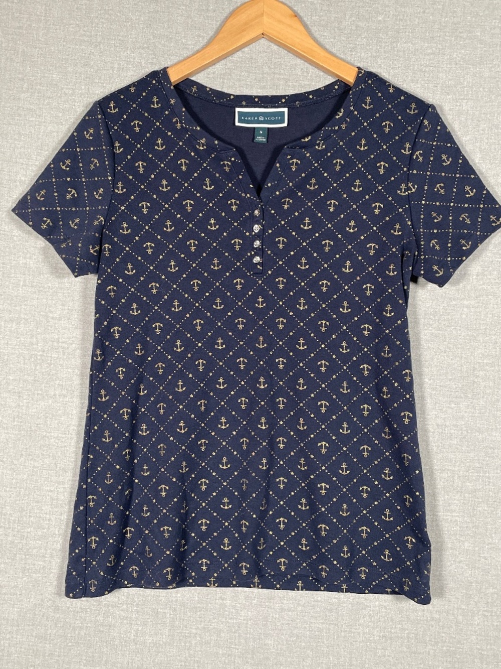 Karen Scott Navy Nautical Anchor Henley Top Size Medium Preppy Coastal